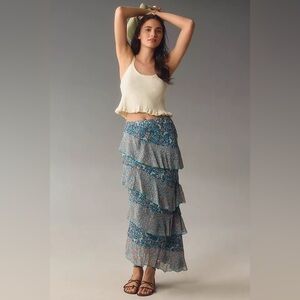 By Anthropologie Ruffle Flounce Maxi Skirt Blue Small